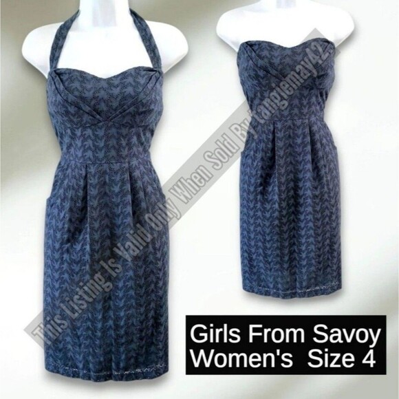 Anthropologie Girls From Savoy Blue Retro Halter Strapless Dress Womens 4 Small - Picture 1 of 11